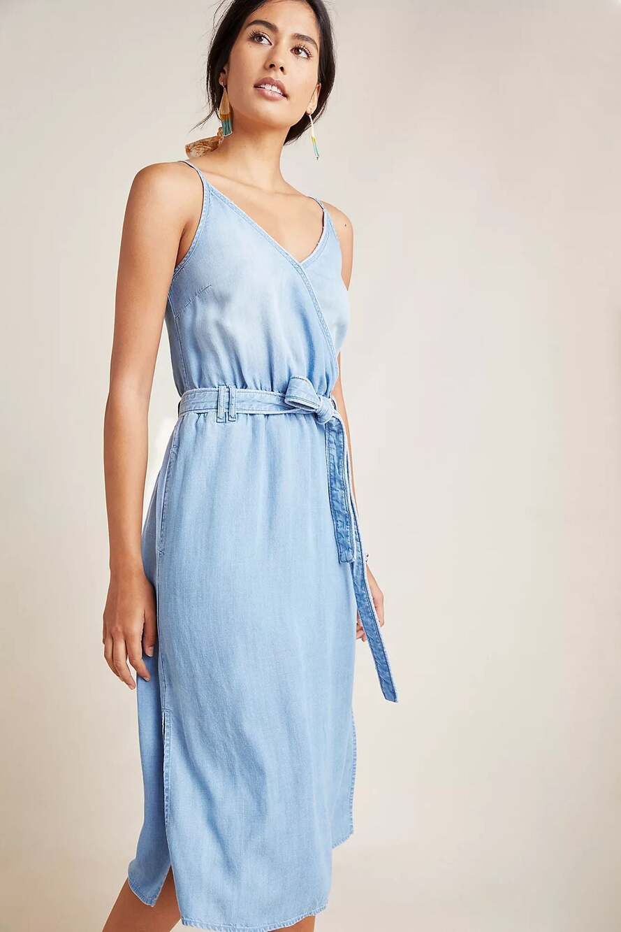Anthropologie Cloth & Stone Lyocell Chambray Wrap Midi Dress Belted Blue M